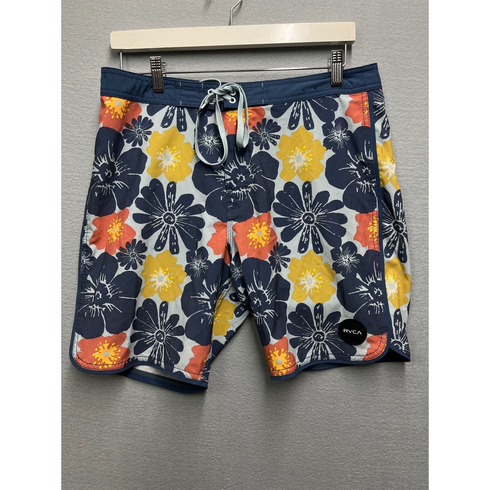 RVCA Mens Floral 4-Way Stretch Board Shorts Navy Blue Yellow Orange Size 32